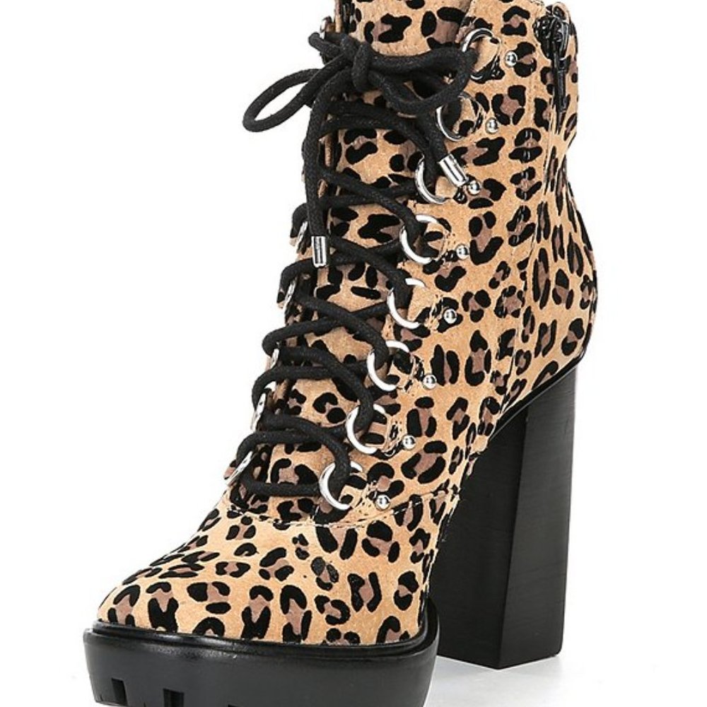 Ambelynn Suede Cheetah Print Heeled Combat Booties - Picture 1 of 6